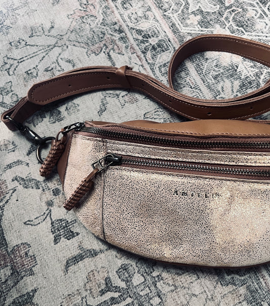 River adjustable leather moon-bag - MINOR FLAW Beige Gold Glitter & Hazel