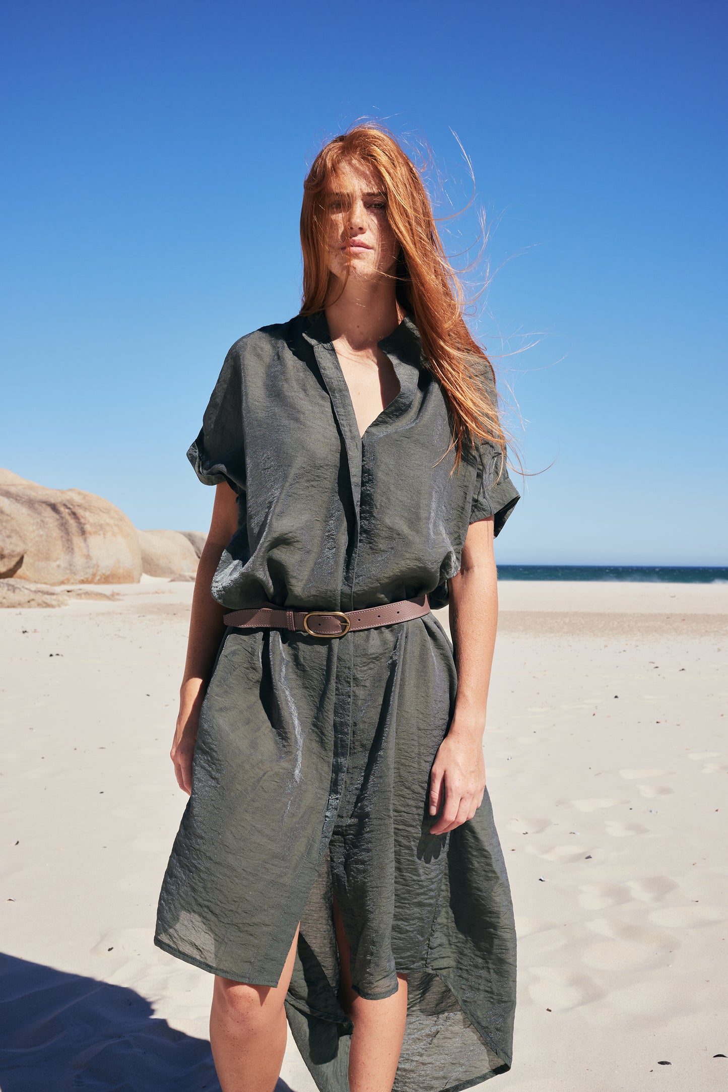 Khaki Dusk Faded Green Shimmer Shirt Dress