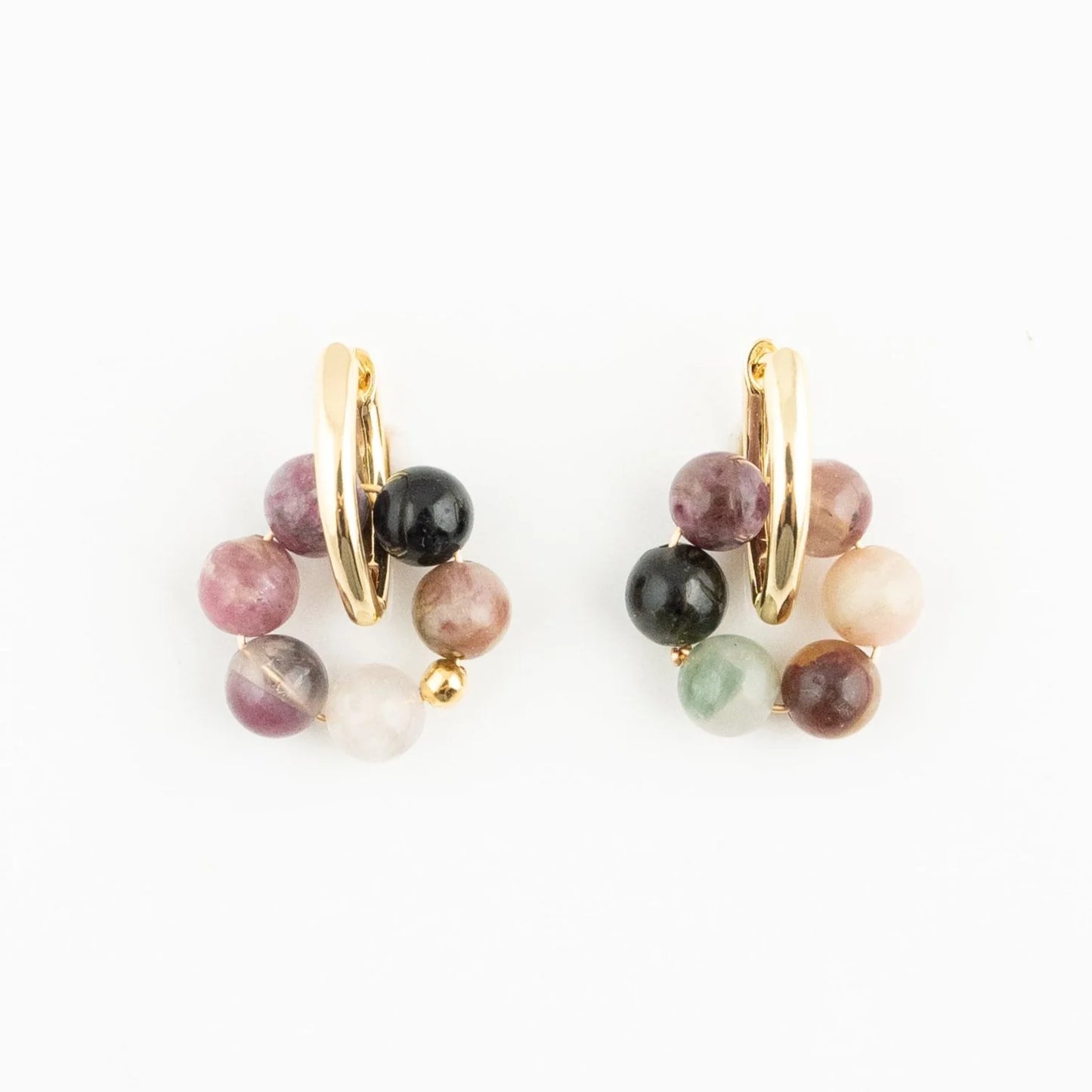 GOLD PLATED HUGGIE EARRINGS WITH CIRCLE GEMSTONE CHARM