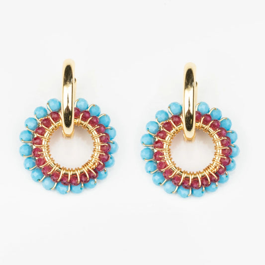 GOLD PLATED HUGGIE EARRINGS WITH DOUBLE BEADED ROUNDS