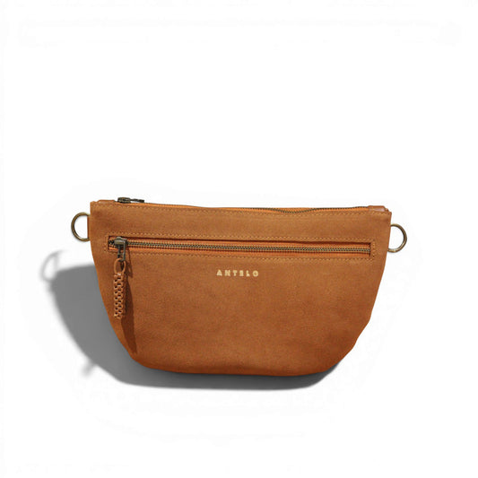 Ayla adjustable half-moon leather crossbody - MINOR FLAW  Cognac Suede & Cider Tan