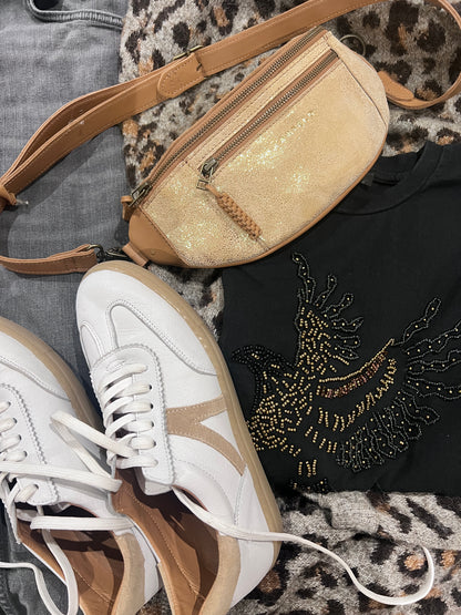 River adjustable leather moon-bag - MINOR FLAW Beige Gold Glitter & Hazel