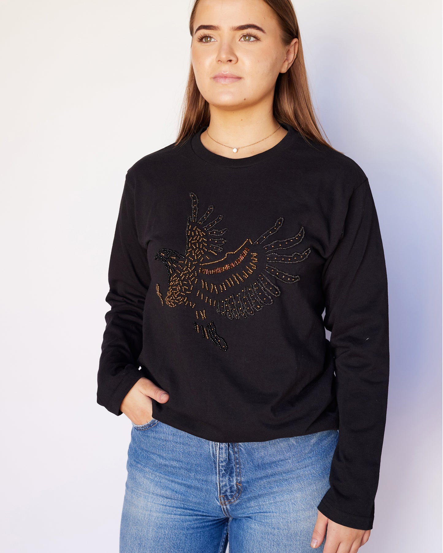 Antelo T-Shirt Eagle beaded Long Sleeve T-shirt Black