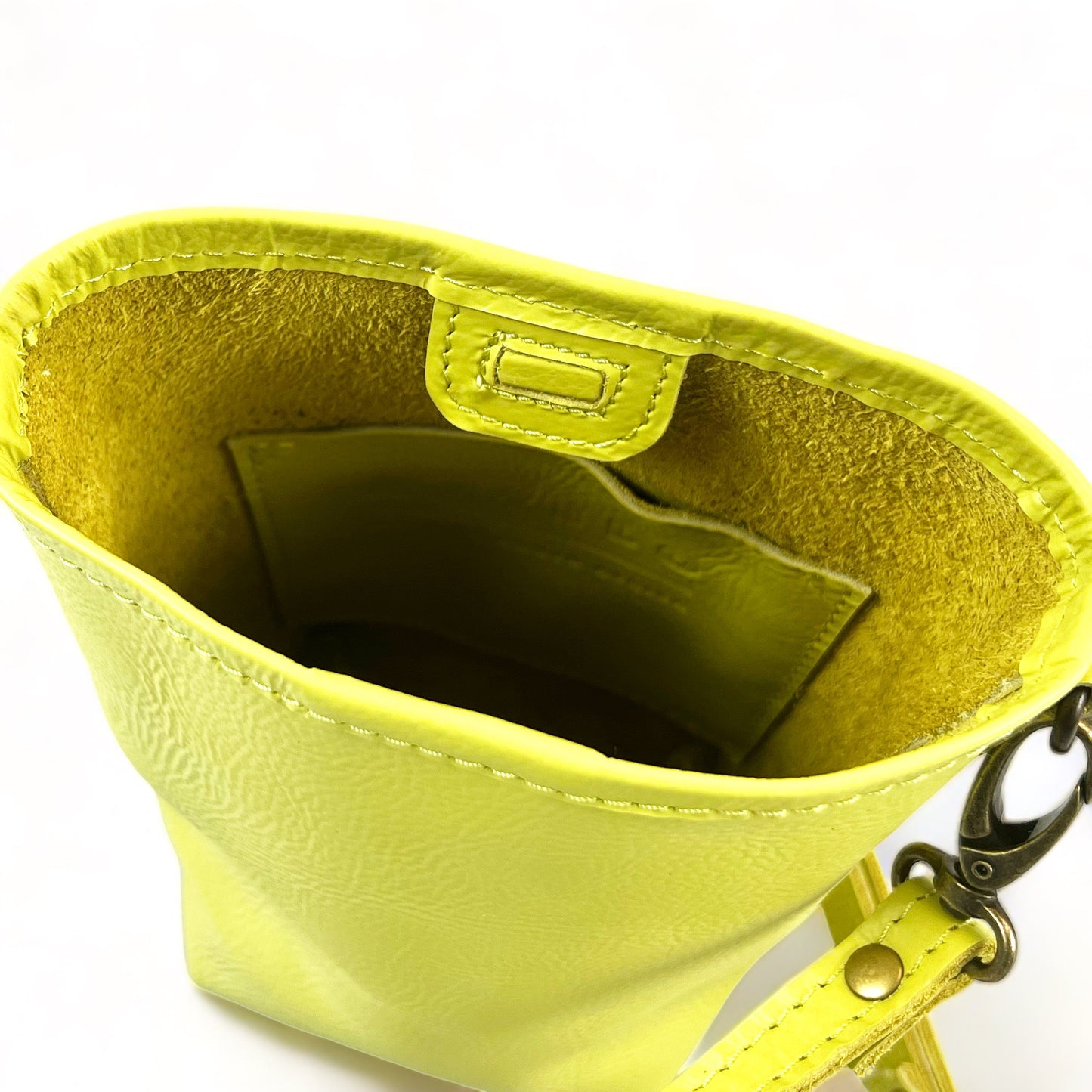 Suede Mini Phone Crossbody bucket bag - MINOR FLAW Pebble Chartreuse