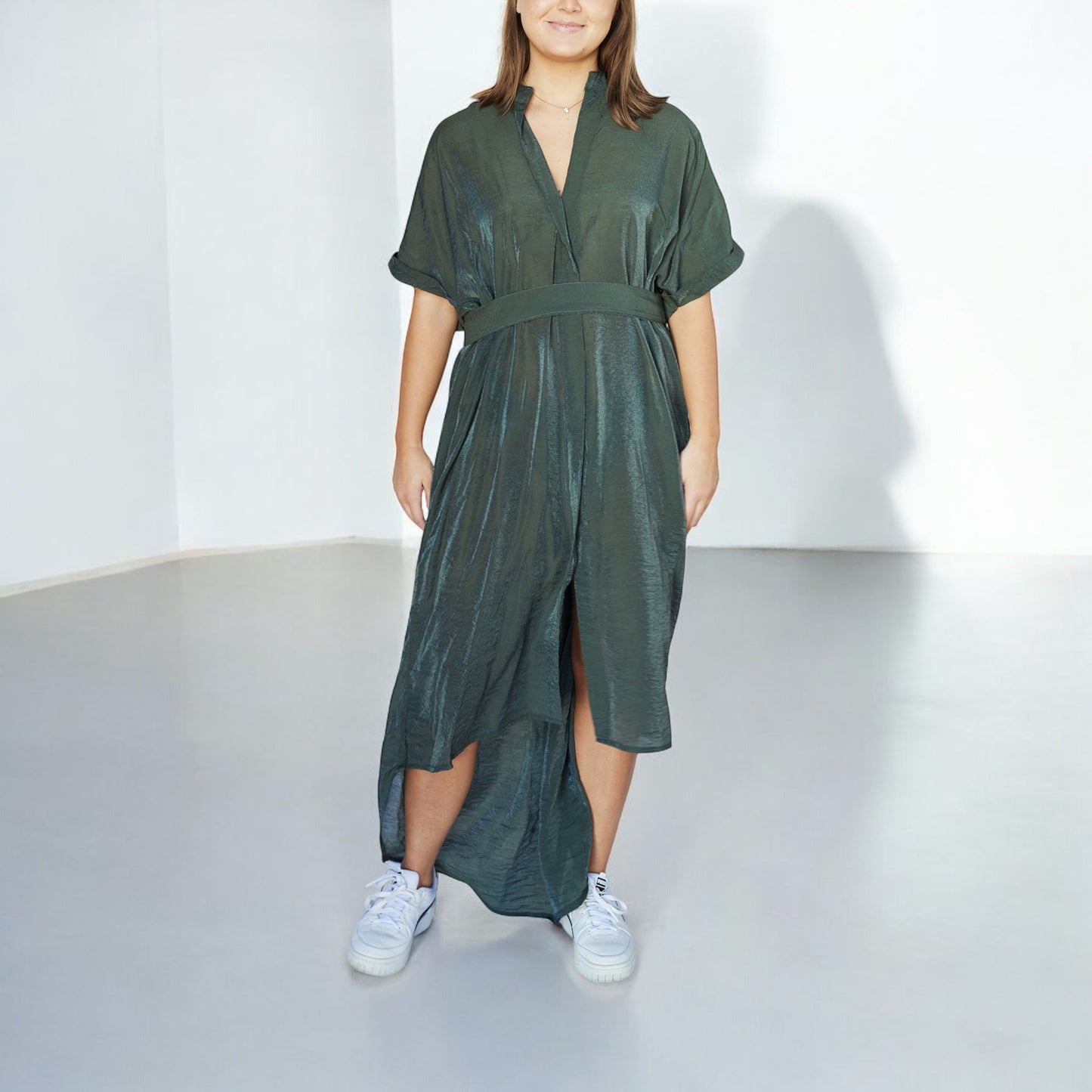 Khaki Dusk Faded Green Shimmer Shirt Dress