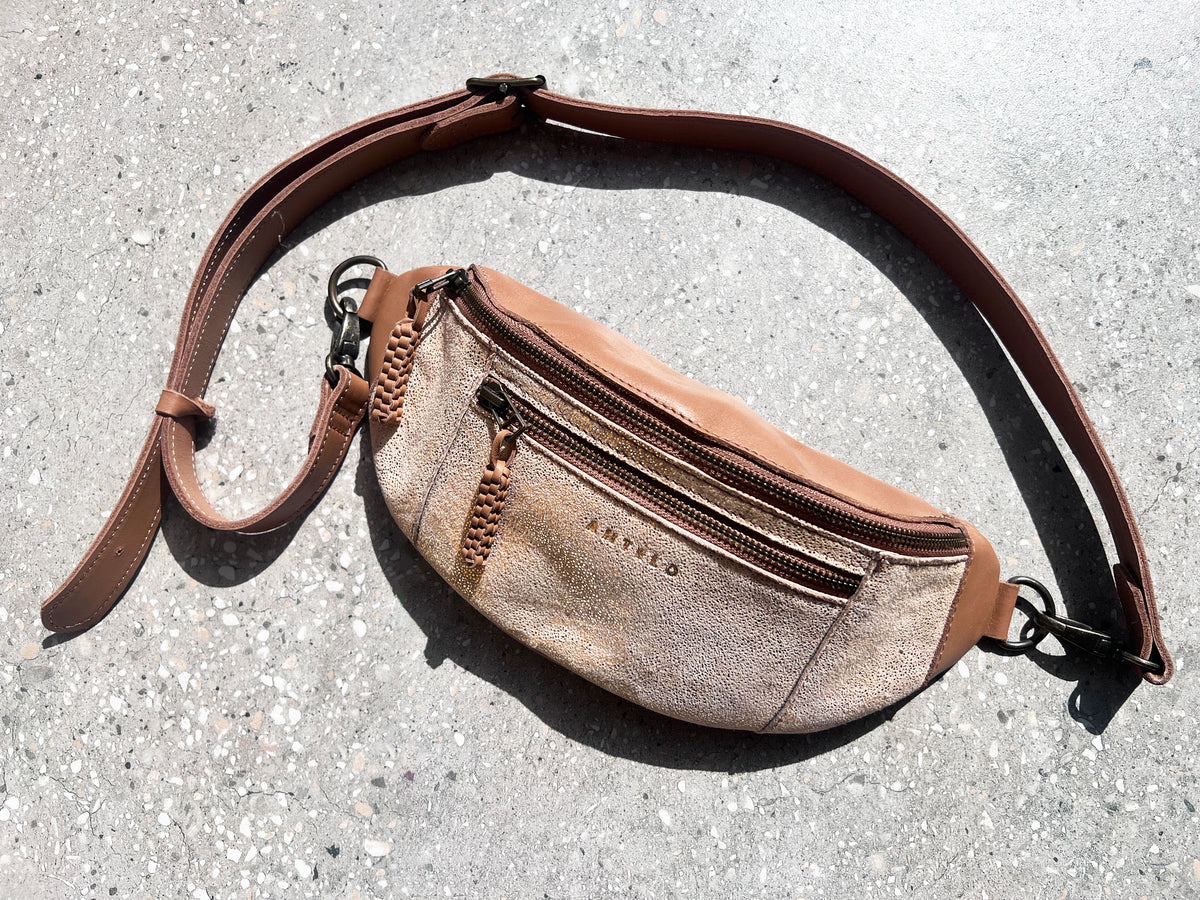 River adjustable leather moon-bag - MINOR FLAW Beige Gold Glitter & Hazel